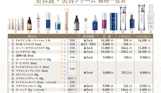 美容液・美容クリーム　価格一覧表