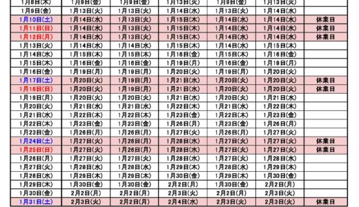 2026年1月出荷カレンダー