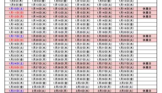 2026年1月出荷カレンダー